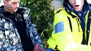 Two elated twinks shagging outside