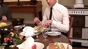 Twink waiter sucks plus rides dick after the dinner service