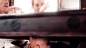 Well-pleased guy has his dicked sucked during dinner meeting