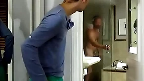 Young sexy stepson is in total awe of his beefy stepdad as he enters the house after his morning run