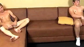 Unconcerned twinks masturbate their rock hard dicks before cumming