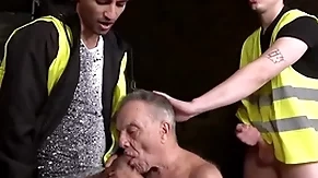 Toothless grandpa sucks two miners