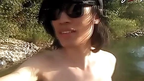 Jon arteen is this slim asian twink boy dancing a musical strip-tease greater than chum around fro annoy river smiling showing his full pubes doing outdoor gay porn fro a sneaker and underwear talisman